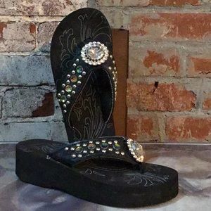 Black rhinestone flip flops